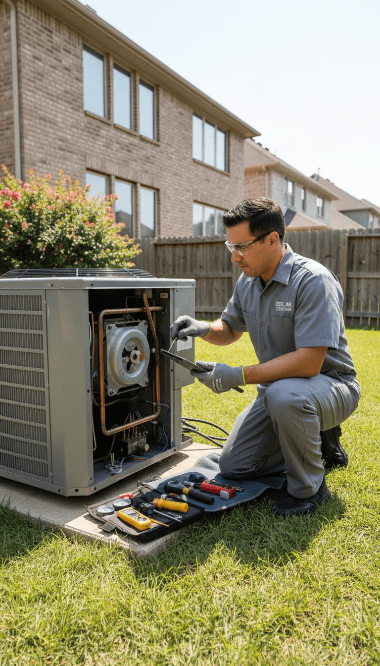 HVAC technician inspecting an air conditioning unit
