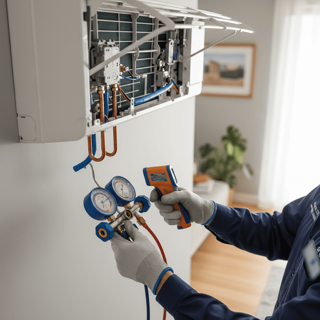 HVAC maintenance technician inspecting an air conditioning unit